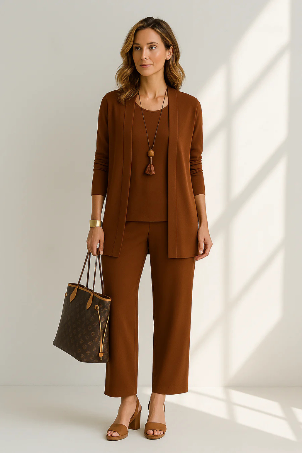 Women's Three Piece Matching Set with Open Front Cardigan and Wide Leg Trousers 11