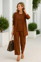 Women's Three Piece Matching Set with Open Front Cardigan and Wide Leg Trousers 12
