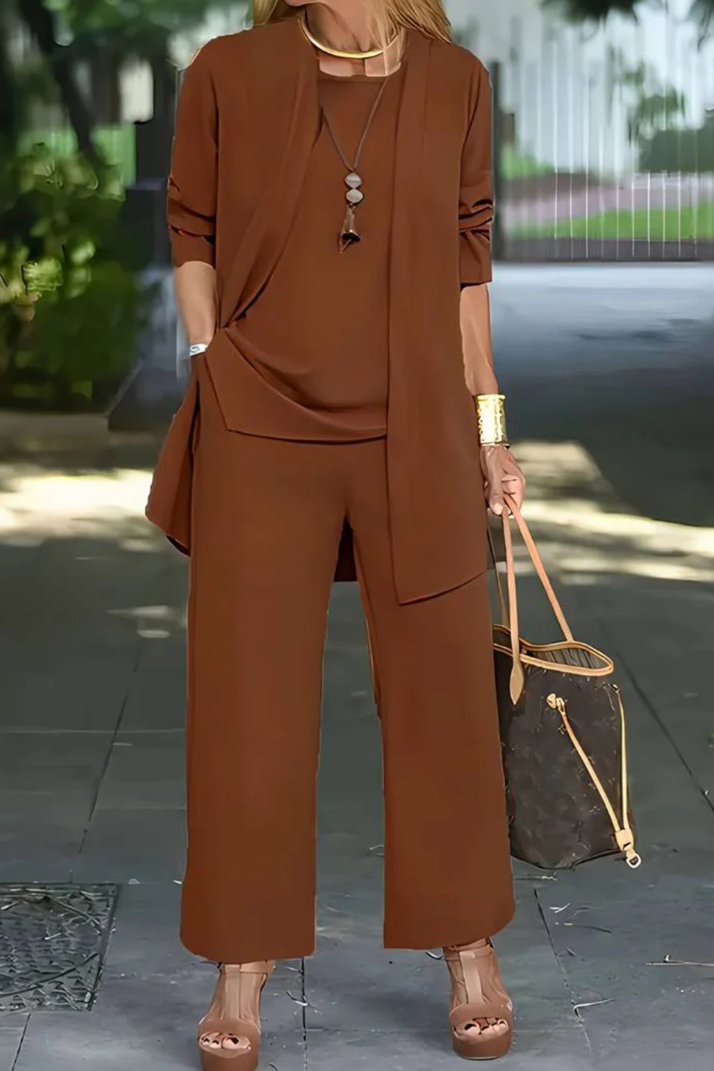Women's Three Piece Matching Set with Open Front Cardigan and Wide Leg Trousers 13