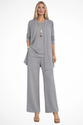 Women's Three Piece Matching Set with Open Front Cardigan and Wide Leg Trousers 14