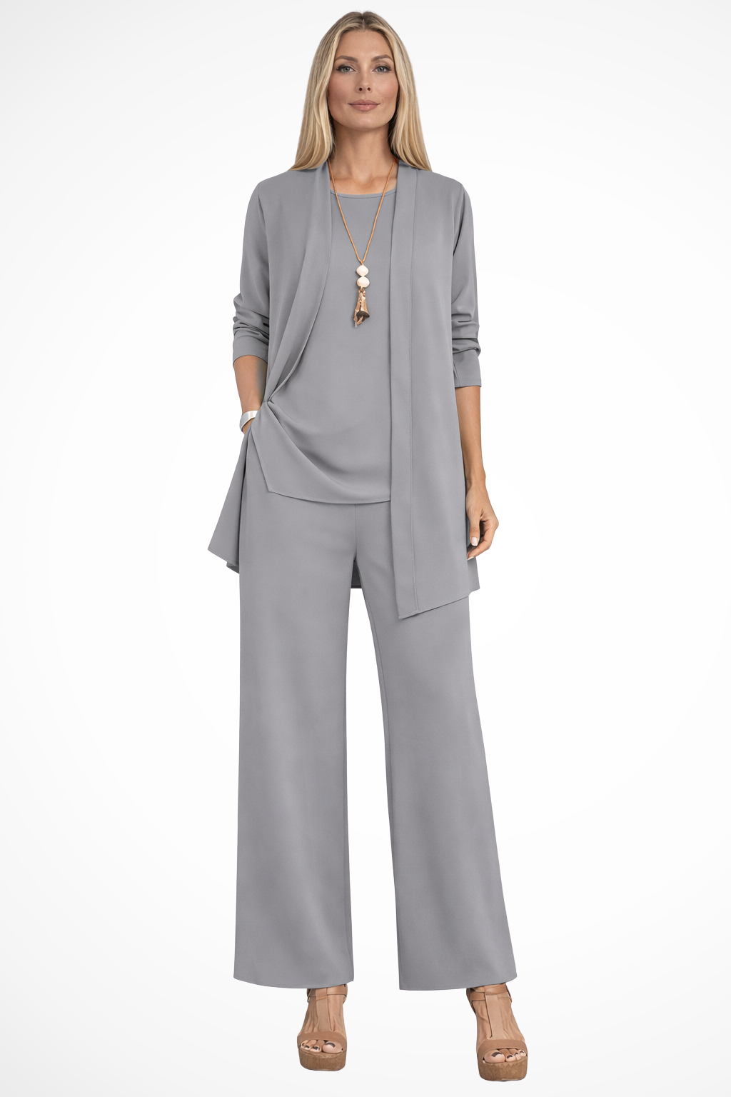 Women's Three Piece Matching Set with Open Front Cardigan and Wide Leg Trousers 14