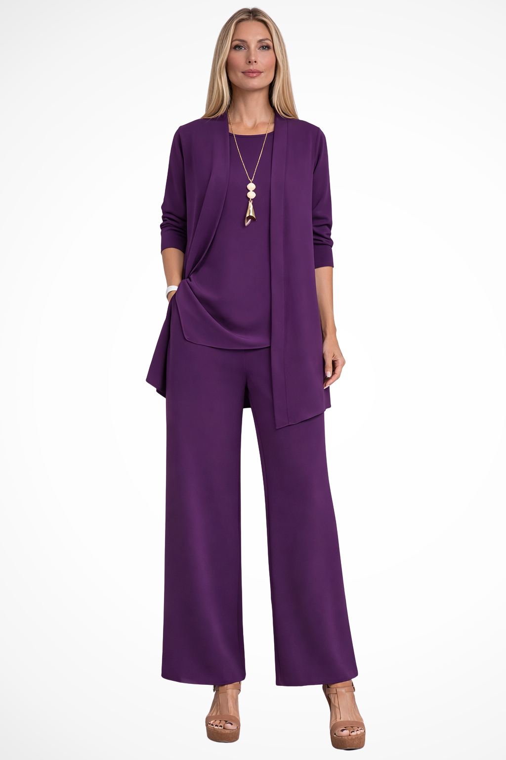 Women's Three Piece Matching Set with Open Front Cardigan and Wide Leg Trousers 15