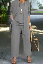 Women's Three Piece Matching Set with Open Front Cardigan and Wide Leg Trousers 16