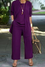 Women's Three Piece Matching Set with Open Front Cardigan and Wide Leg Trousers 17