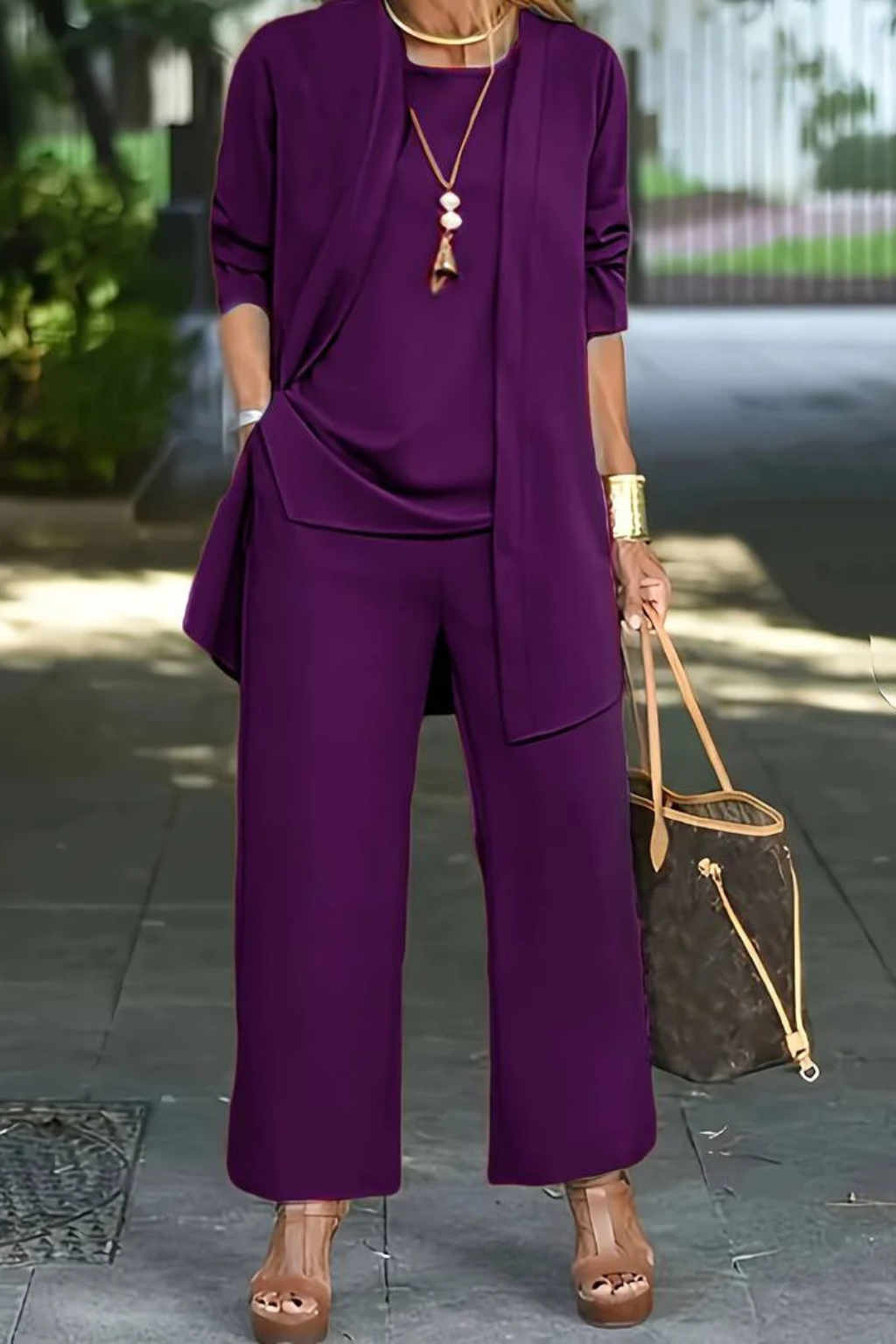 Women's Three Piece Matching Set with Open Front Cardigan and Wide Leg Trousers 17