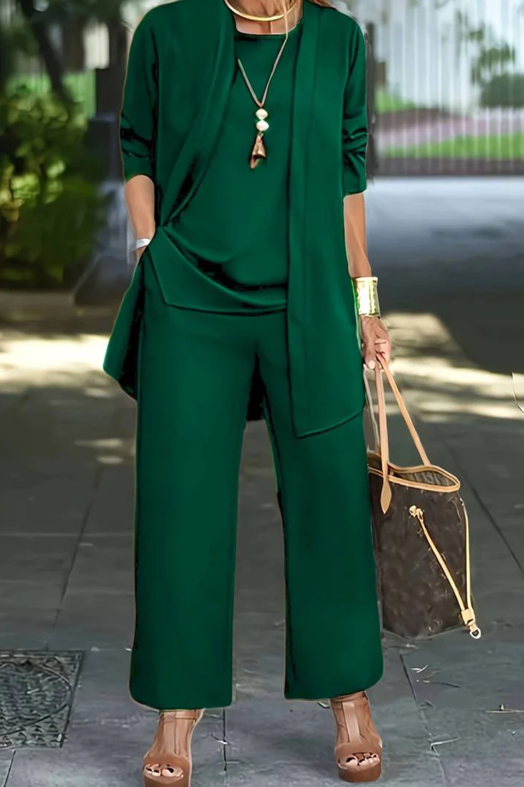 Women's Three Piece Matching Set with Open Front Cardigan and Wide Leg Trousers 19