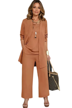 Women's Three Piece Matching Set with Open Front Cardigan and Wide Leg Trousers 2