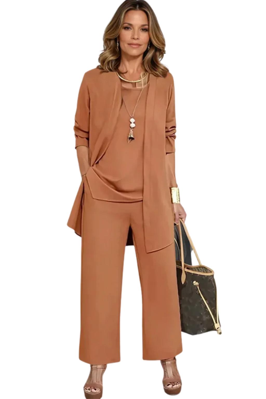 Women's Three Piece Matching Set with Open Front Cardigan and Wide Leg Trousers 2