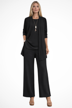 Women's Three Piece Matching Set with Open Front Cardigan and Wide Leg Trousers 3