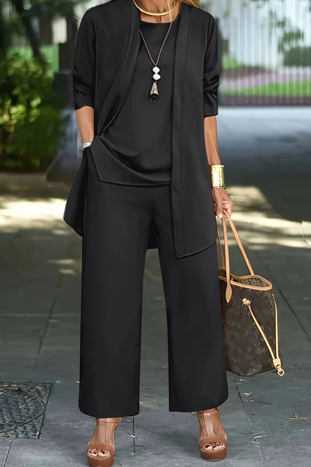 Women's Three Piece Matching Set with Open Front Cardigan and Wide Leg Trousers 4
