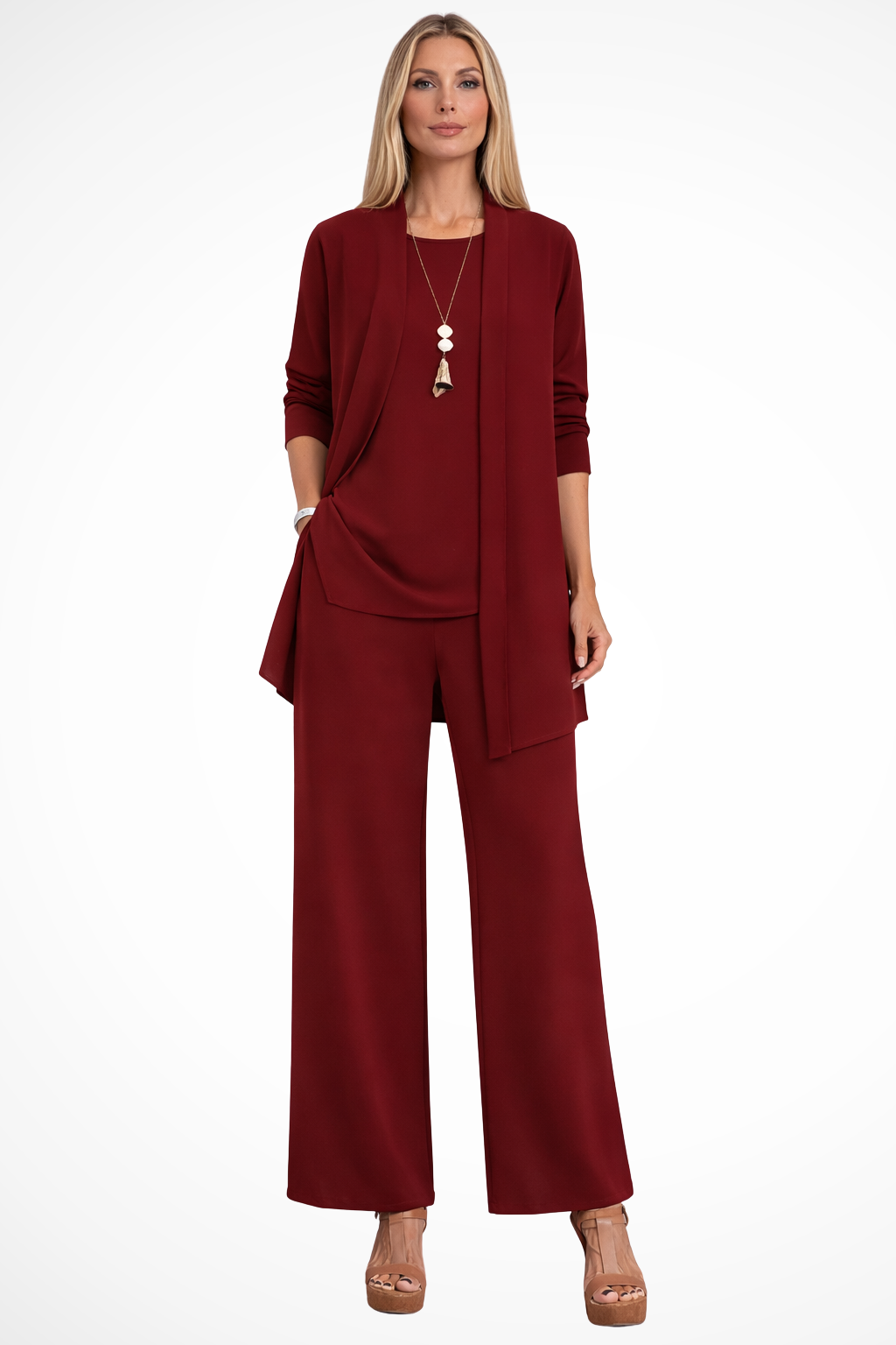 Women's Three Piece Matching Set with Open Front Cardigan and Wide Leg Trousers 5
