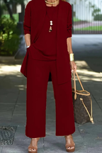 Women's Three Piece Matching Set with Open Front Cardigan and Wide Leg Trousers 6