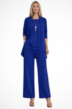 Women's Three Piece Matching Set with Open Front Cardigan and Wide Leg Trousers 7