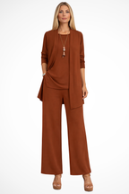 Women's Three Piece Matching Set with Open Front Cardigan and Wide Leg Trousers 9