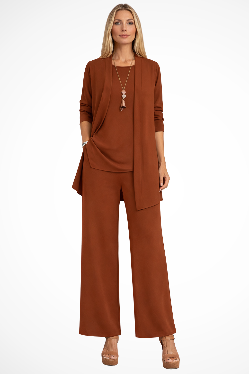 Women's Three Piece Matching Set with Open Front Cardigan and Wide Leg Trousers 9