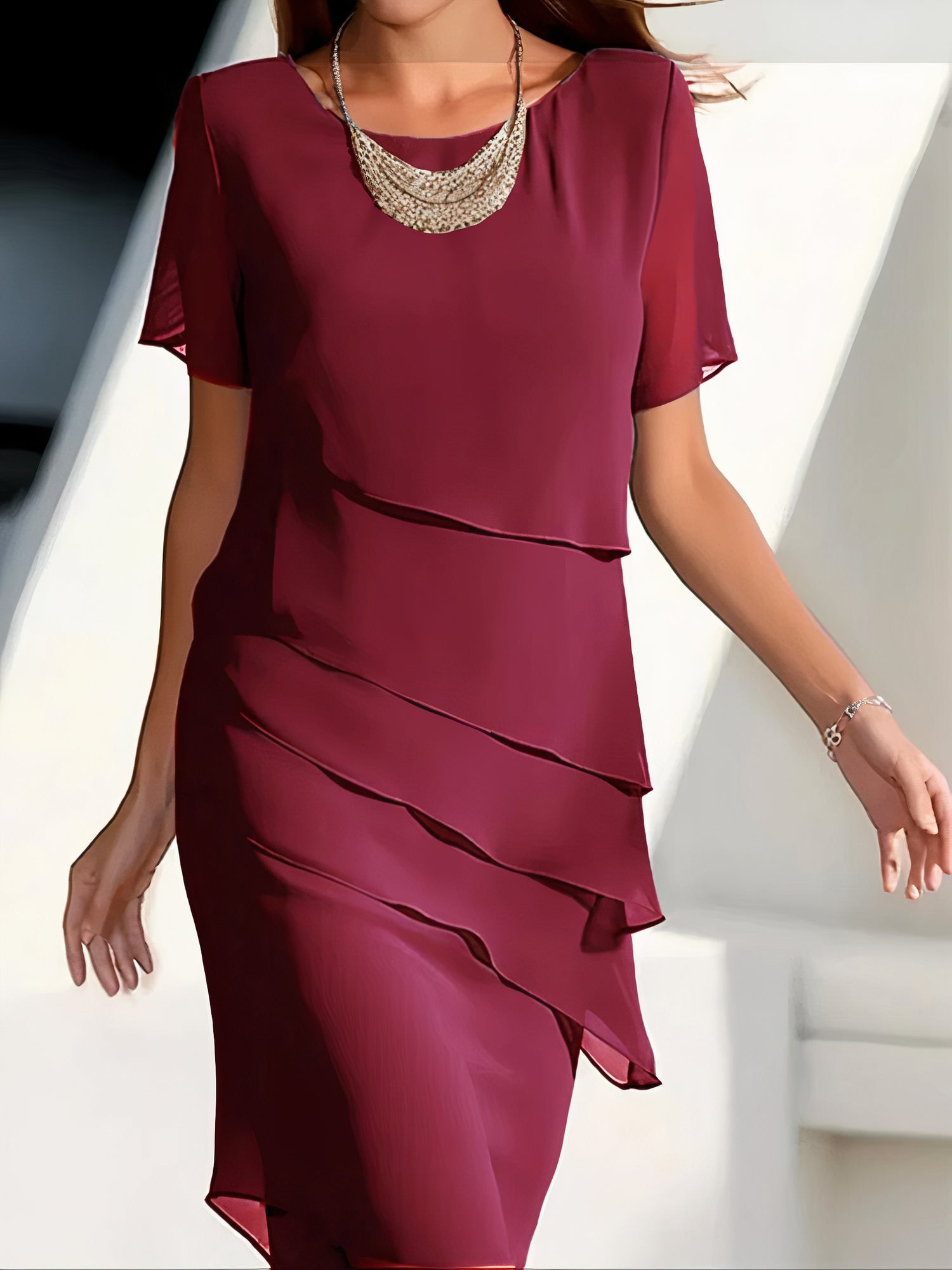 Women's Tiered Chiffon Midi Dress with Layered Hem 1