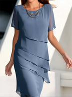 Women's Tiered Chiffon Midi Dress with Layered Hem 3