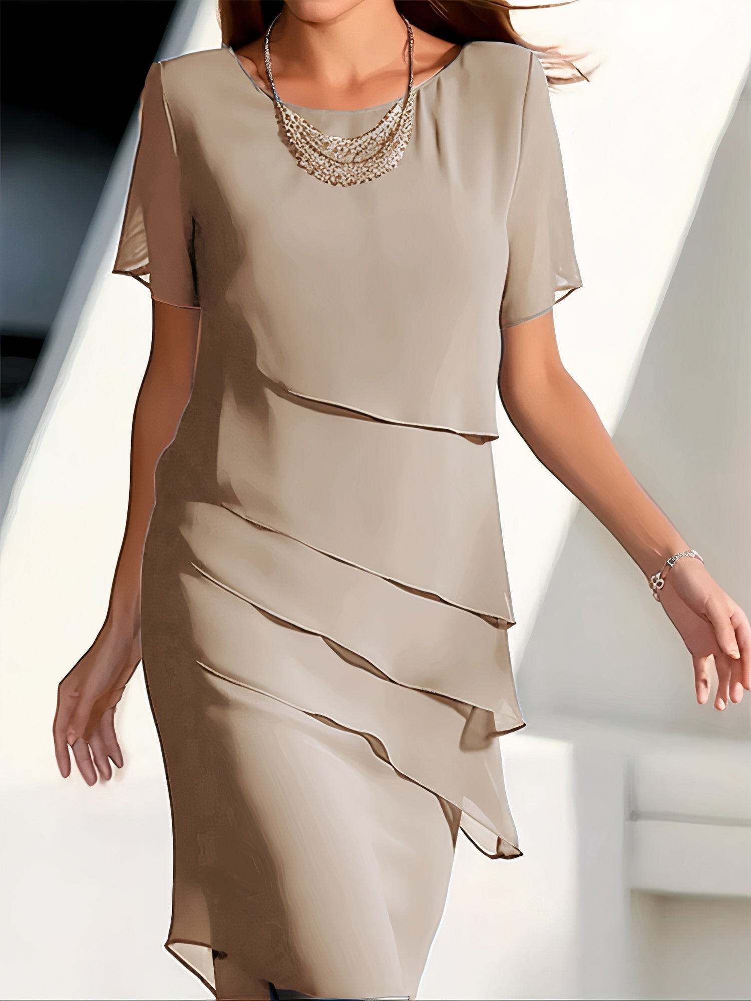 Women's Tiered Chiffon Midi Dress with Layered Hem 7