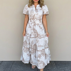 Women's Toile Print Maxi Dress with Puff Sleeves and Tiered Skirt 1
