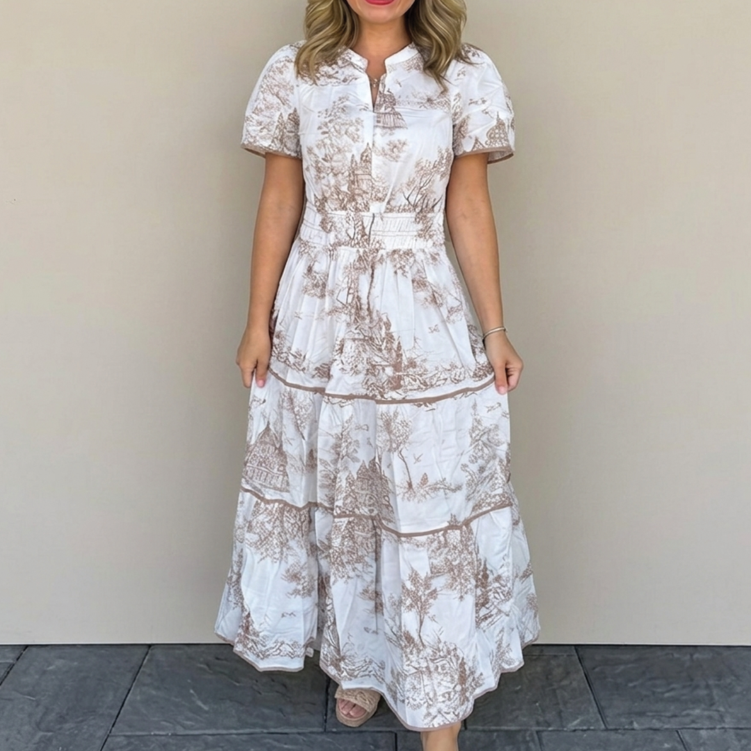 Women's Toile Print Maxi Dress with Puff Sleeves and Tiered Skirt 1