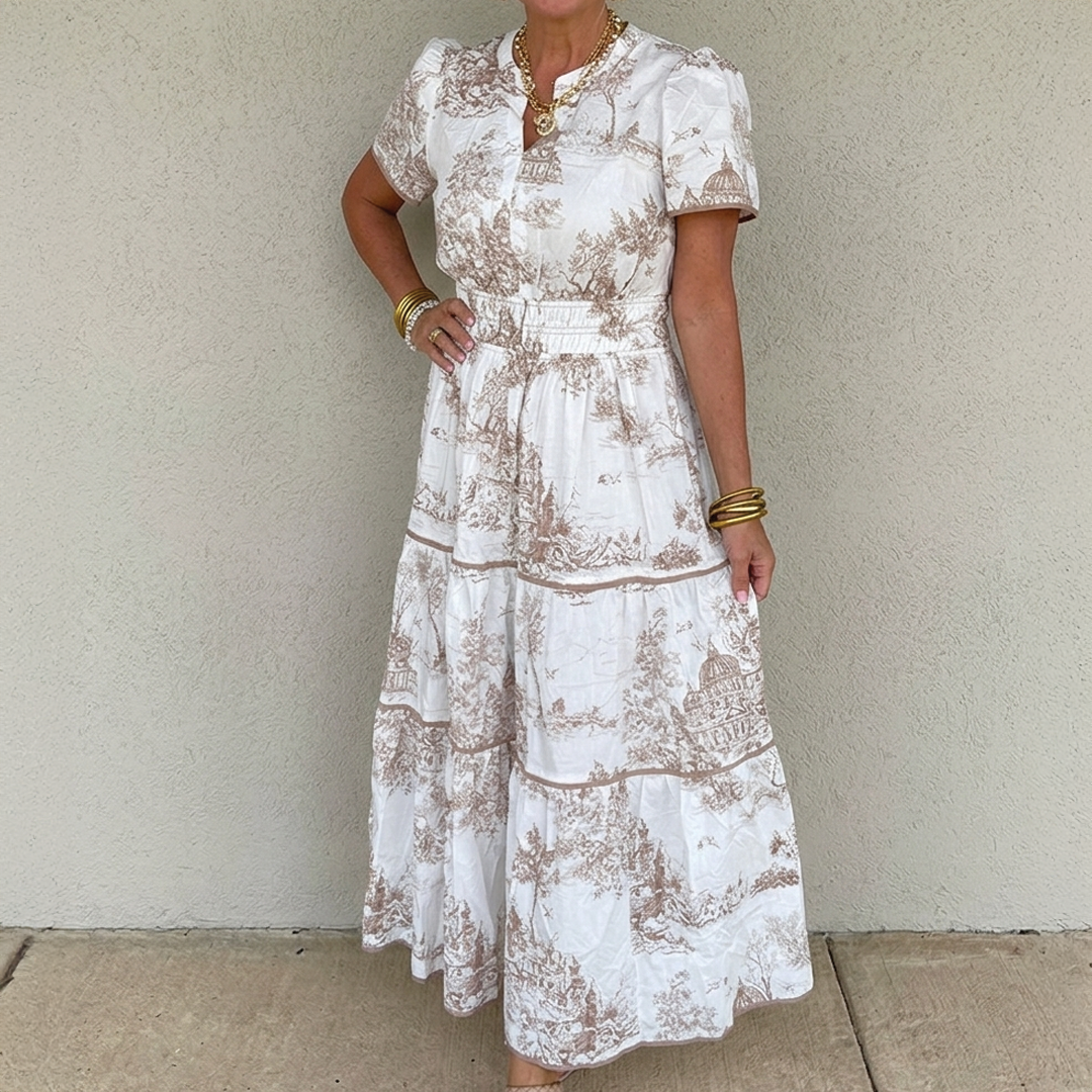 Women's Toile Print Maxi Dress with Puff Sleeves and Tiered Skirt 2