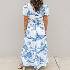 Women's Toile Print Maxi Dress with Puff Sleeves and Tiered Skirt 4