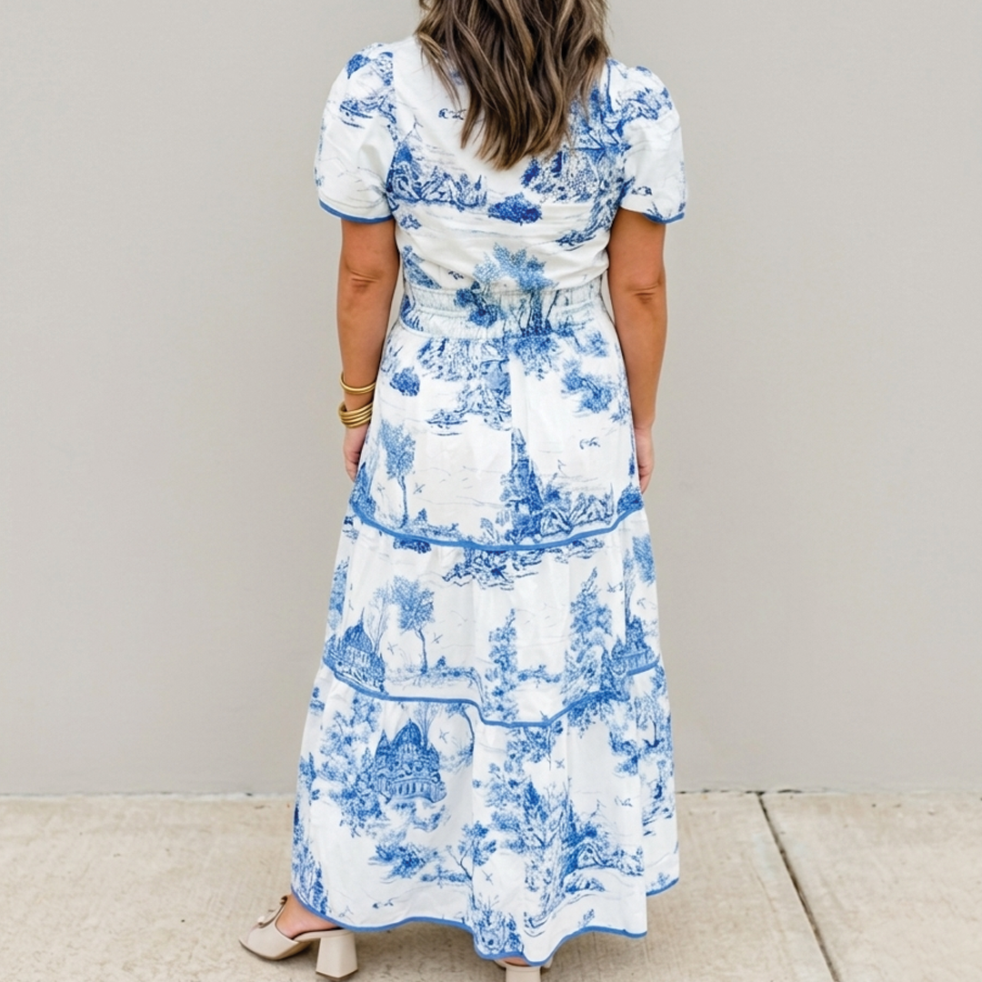 Women's Toile Print Maxi Dress with Puff Sleeves and Tiered Skirt 4