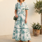 Women's Toile Print Maxi Dress with Puff Sleeves and Tiered Skirt 5