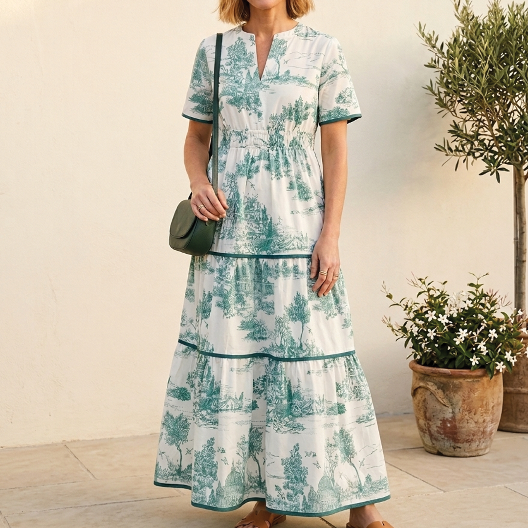 Women's Toile Print Maxi Dress with Puff Sleeves and Tiered Skirt 5