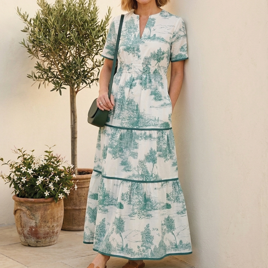 Women's Toile Print Maxi Dress with Puff Sleeves and Tiered Skirt 6