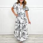Women's Toile Print Maxi Dress with Puff Sleeves and Tiered Skirt 7