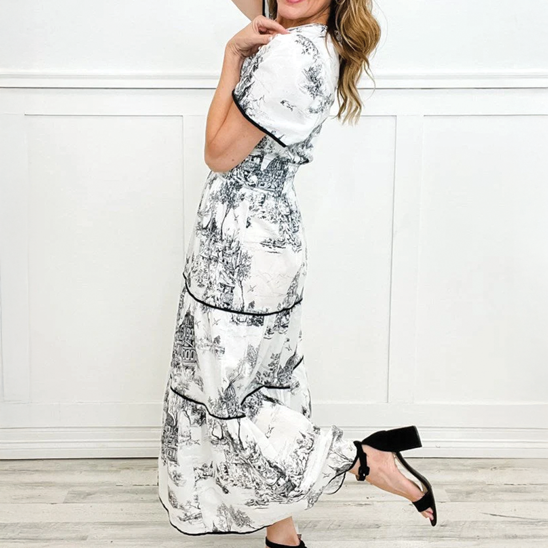 Women's Toile Print Maxi Dress with Puff Sleeves and Tiered Skirt 8