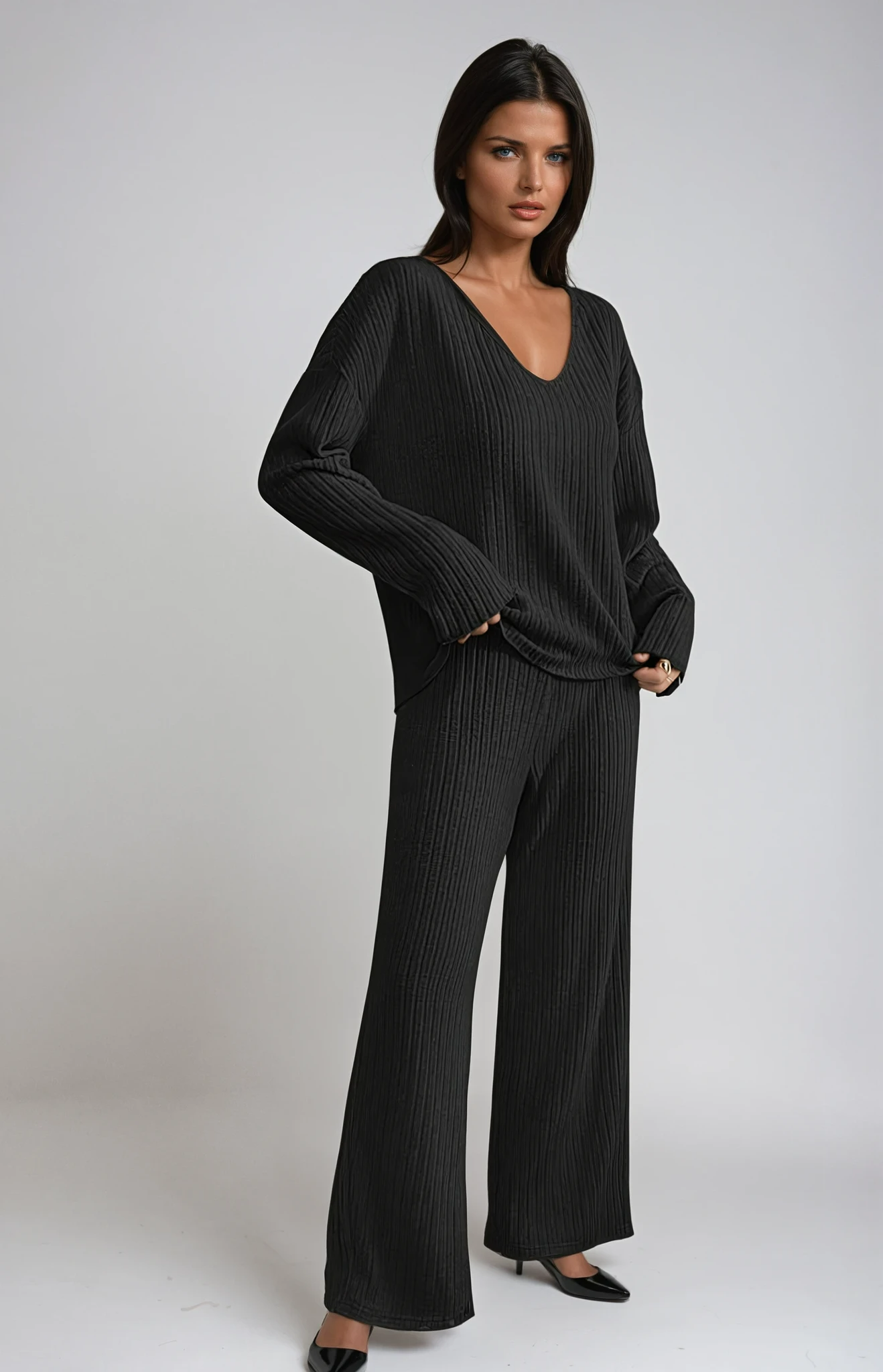 Women's Two-Piece Ribbed Knit Set with V-Neck Top and Wide-Leg Pants 1