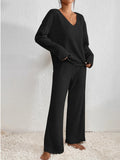 Women's Two-Piece Ribbed Knit Set with V-Neck Top and Wide-Leg Pants 3