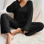 Women's Two-Piece Ribbed Knit Set with V-Neck Top and Wide-Leg Pants 4