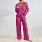 Women's Two-Piece Ribbed Knit Set with V-Neck Top and Wide-Leg Pants 5