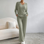 Women's Two-Piece Ribbed Knit Set with V-Neck Top and Wide-Leg Pants 6