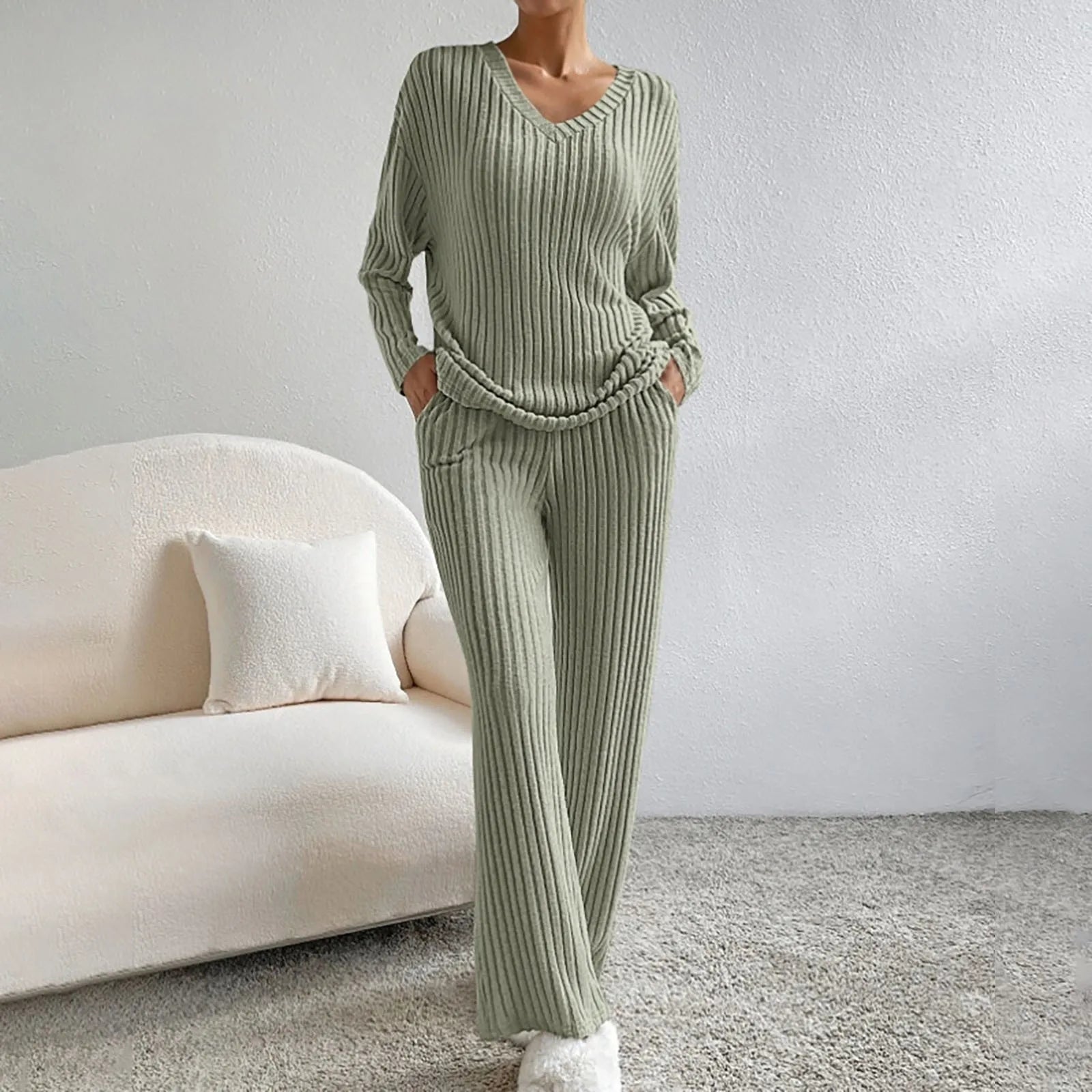 Women's Two-Piece Ribbed Knit Set with V-Neck Top and Wide-Leg Pants 6