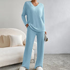 Women's Two-Piece Ribbed Knit Set with V-Neck Top and Wide-Leg Pants 7
