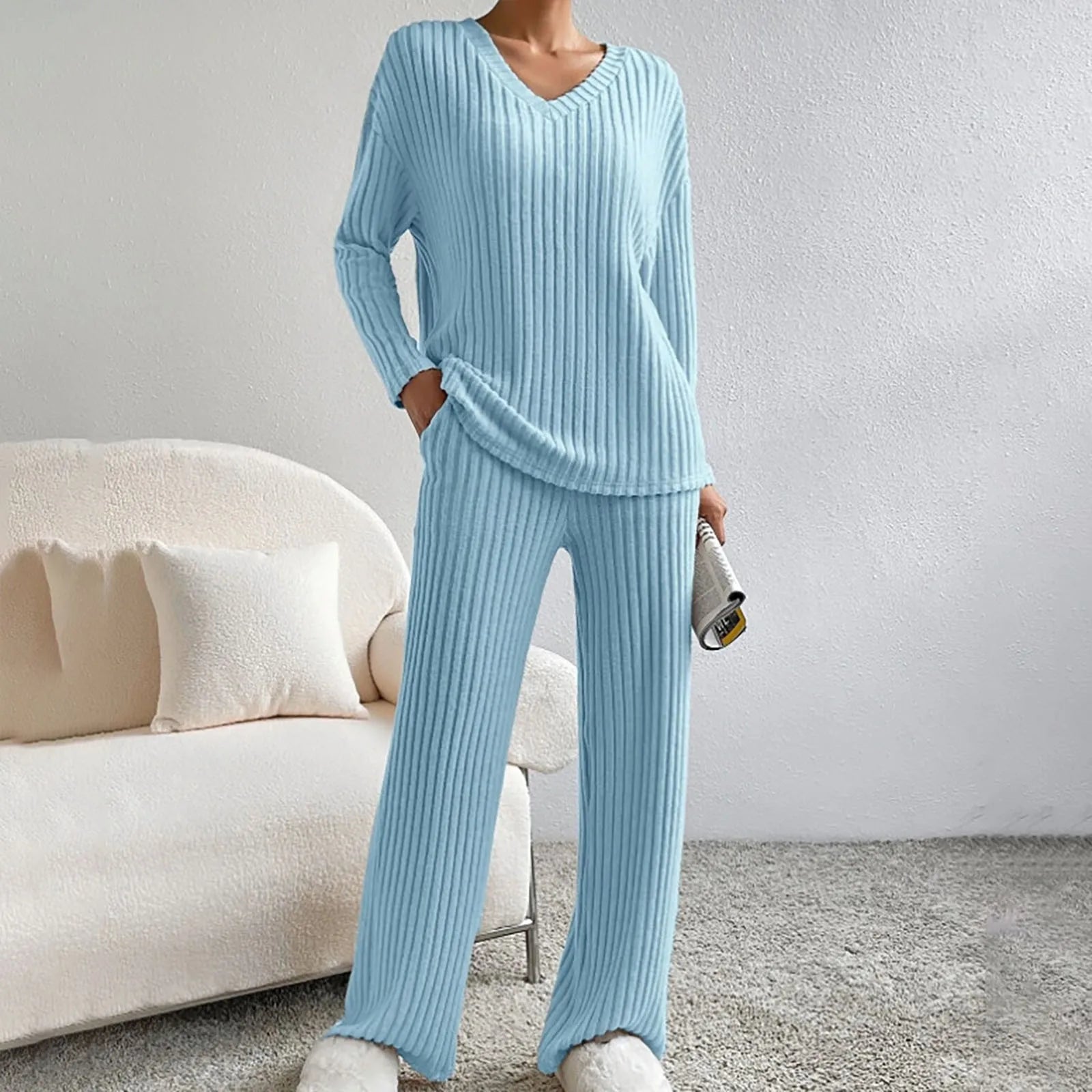 Women's Two-Piece Ribbed Knit Set with V-Neck Top and Wide-Leg Pants 7