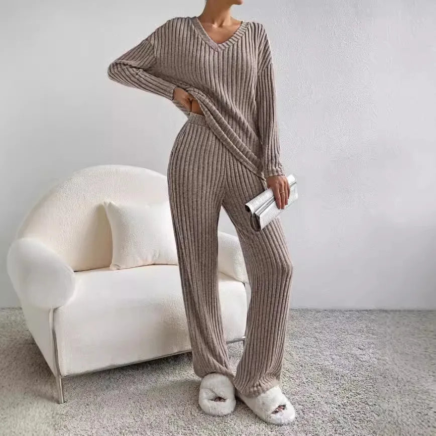 Women's Two-Piece Ribbed Knit Set with V-Neck Top and Wide-Leg Pants 8