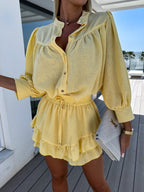 Women's Two-Piece Set with Button Front Blouse and Drawstring Mini Skirt 1