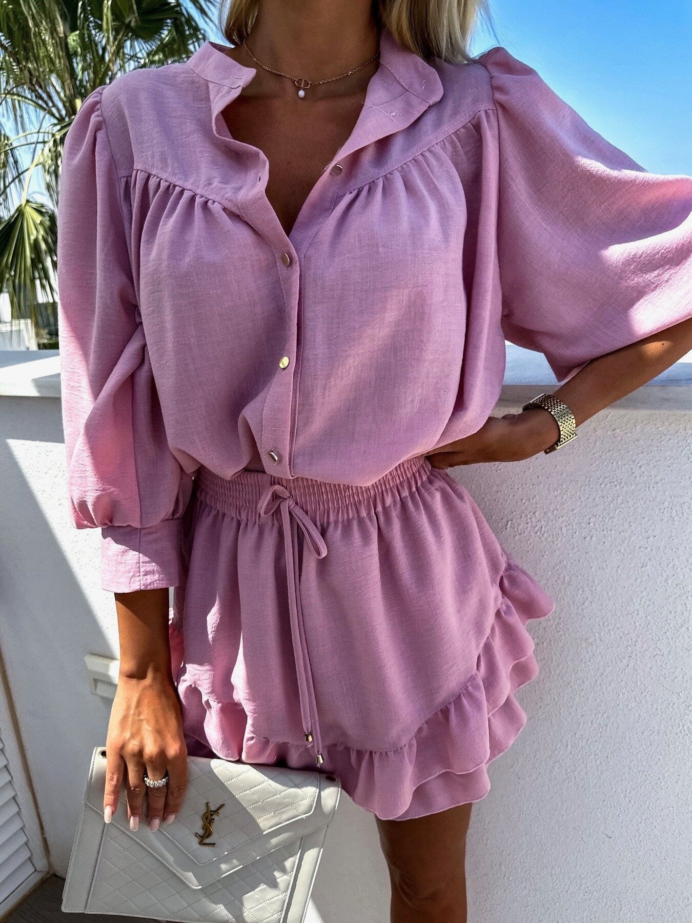 Women's Two-Piece Set with Button Front Blouse and Drawstring Mini Skirt 2