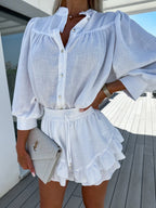 Women's Two-Piece Set with Button Front Blouse and Drawstring Mini Skirt 3