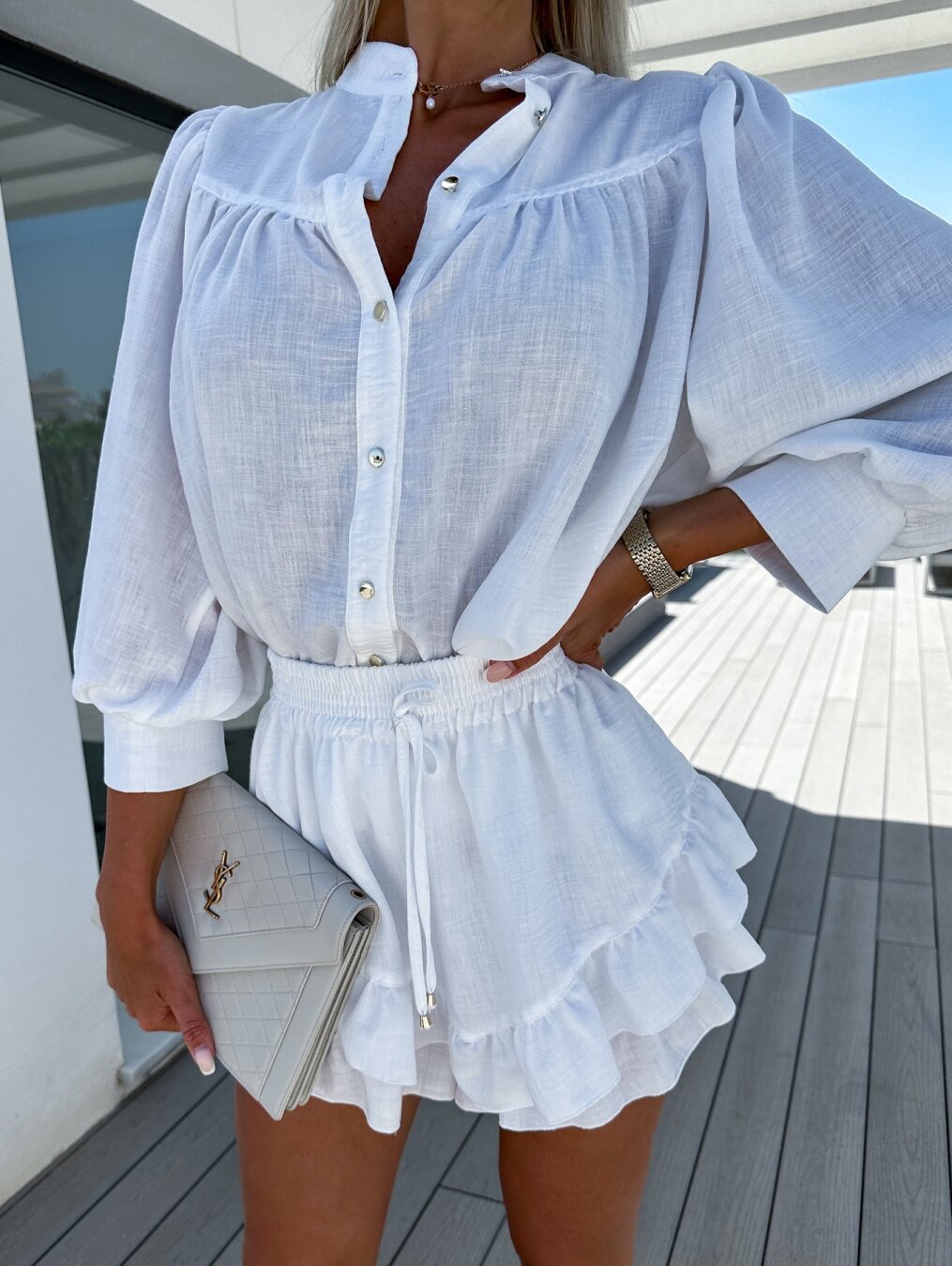 Women's Two-Piece Set with Button Front Blouse and Drawstring Mini Skirt 3