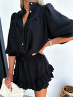 Women's Two-Piece Set with Button Front Blouse and Drawstring Mini Skirt 4