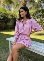 Women's Two-Piece Set with Button Front Blouse and Drawstring Mini Skirt 2