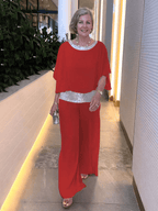 Women's Two-Piece Set with Draped Top and Wide-Leg Pants 11