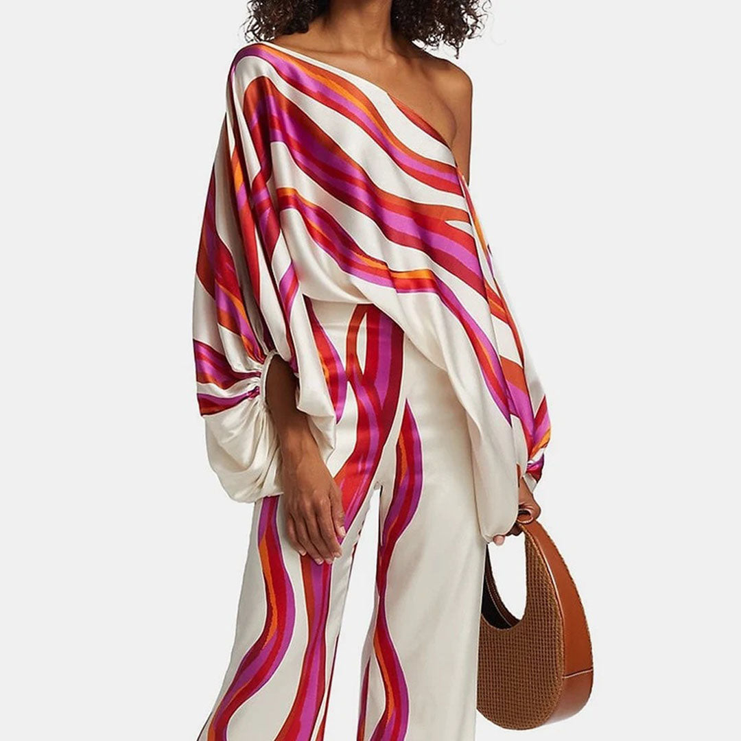 Women's Two-Piece Set with Off-Shoulder Lantern Sleeves and Print 1