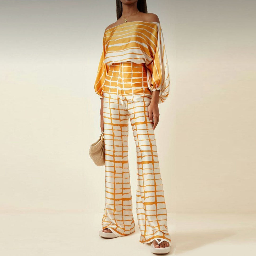 Women's Two-Piece Set with Off-Shoulder Lantern Sleeves and Print 10